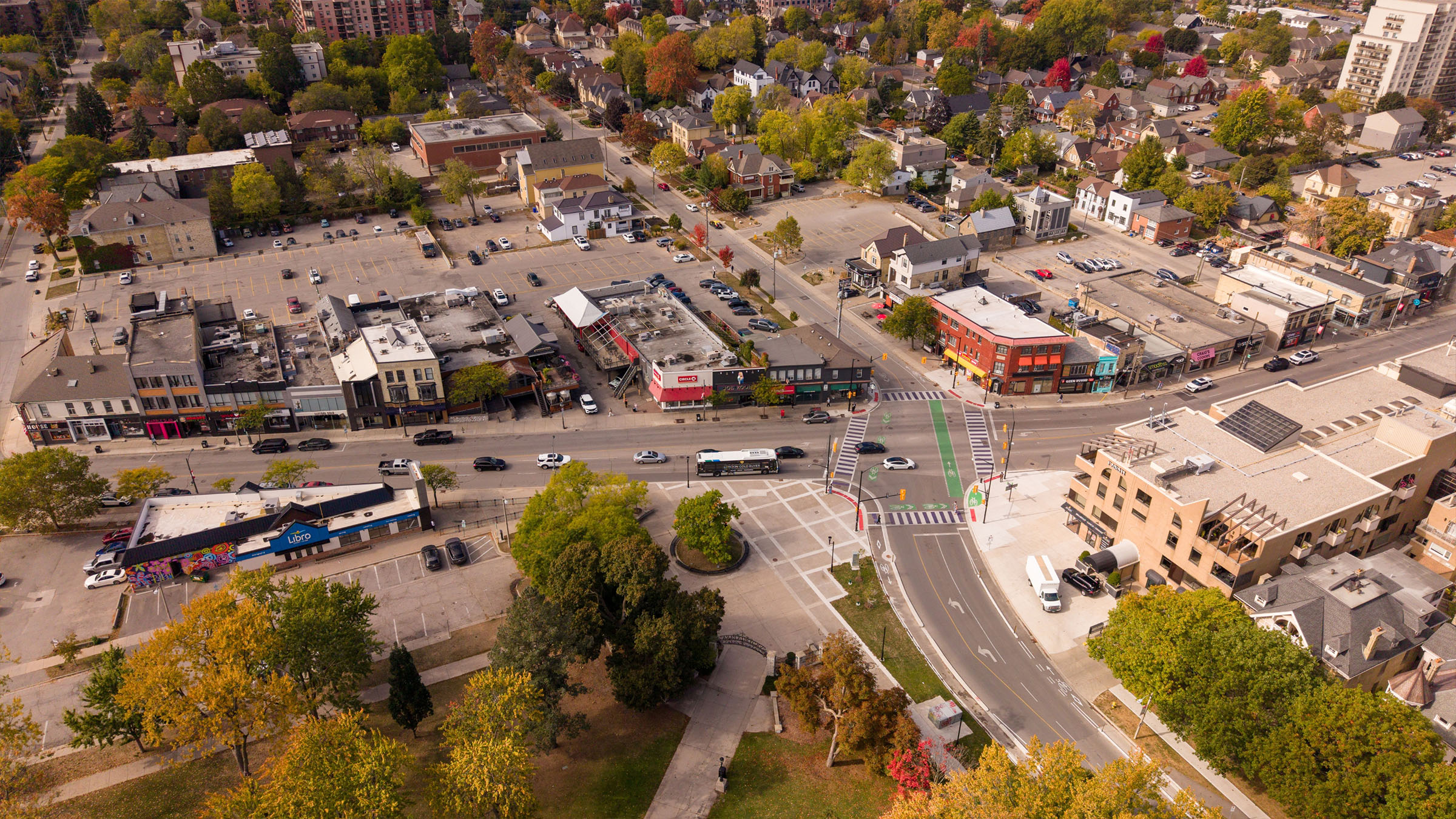 Top-down drone perspective of Richmond Row streets and urban architecture in London